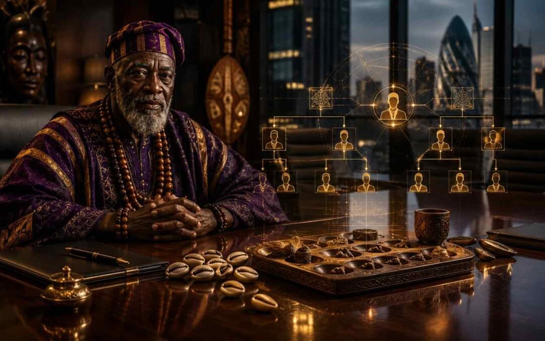 Spiritual Lineage Mapping - An elite African traditional healer conducting a spiritual lineage mapping audit inside a modern corporate executive boardroom for family business succession planning.